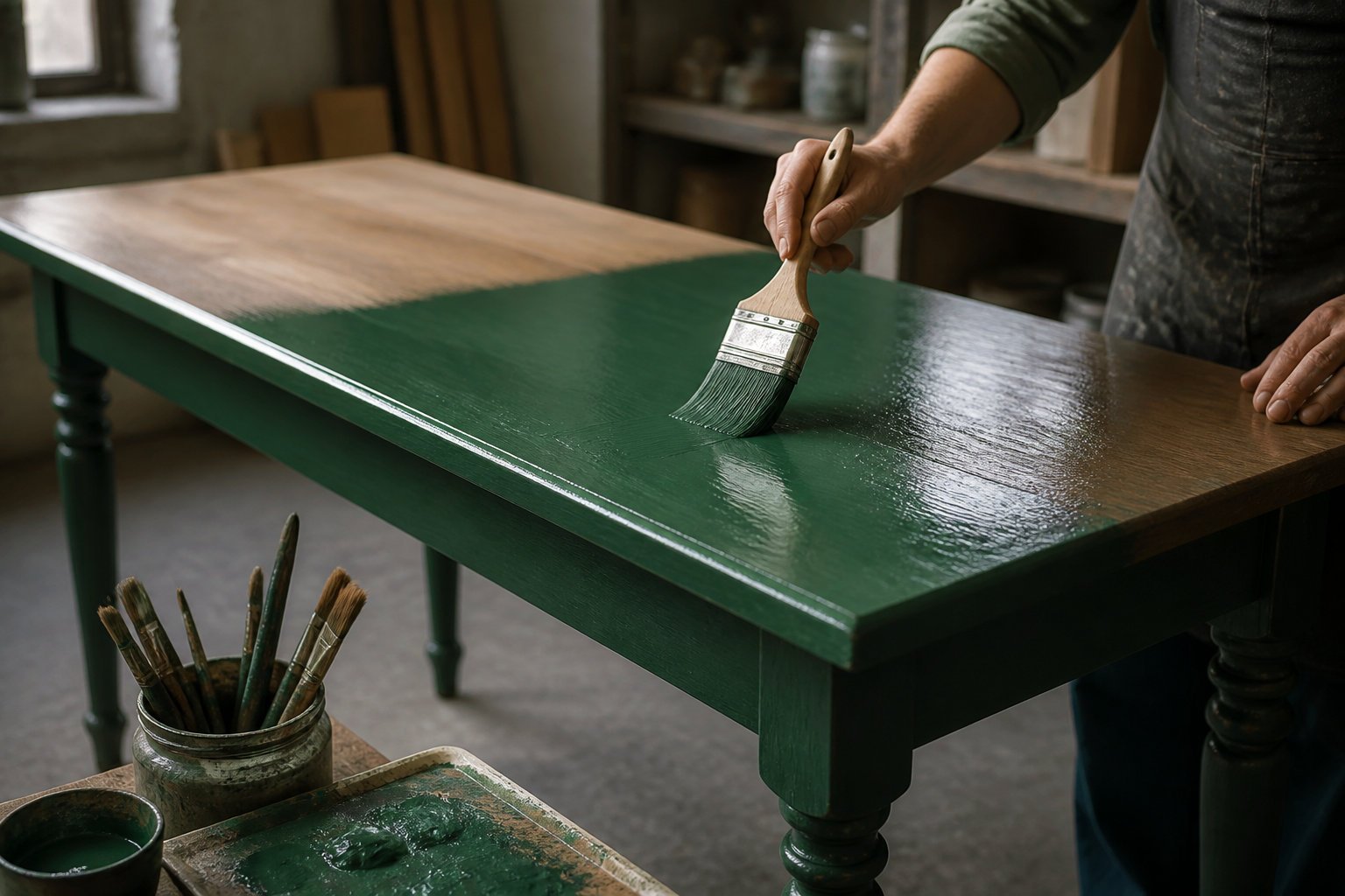 aiihsvth pintando mesa de madera de verde
